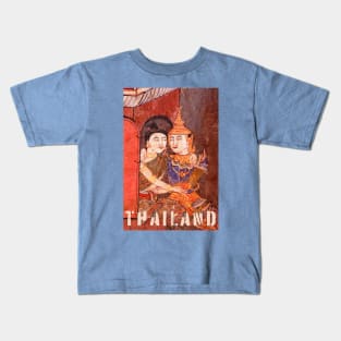 Antique Thai colorful temple mural of a young couple embracing in traditional period ceremonial clothing Kids T-Shirt